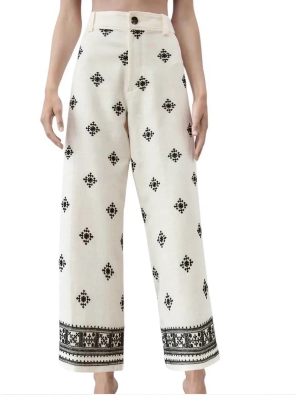 Zara • High-Waist Geometric Print Linen-Blend Cropped Wide-Leg Pants XL